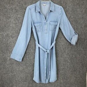 Sonoma Chambray Shift Dress W/ Tie Belt Small Long Tab Roll Sleeve Pullover